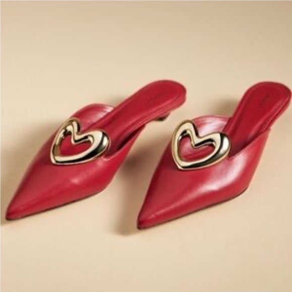 Maeve Heart Mule Heels Red Leather Slip On Kitten Heel Love Sz 38 US 7-7.5 NEW - Picture 1 of 11